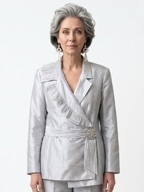 EMILY | Silver EmbellishedโBuckle Wrap Jacket Ruffle Detail Womenโs Size 16W